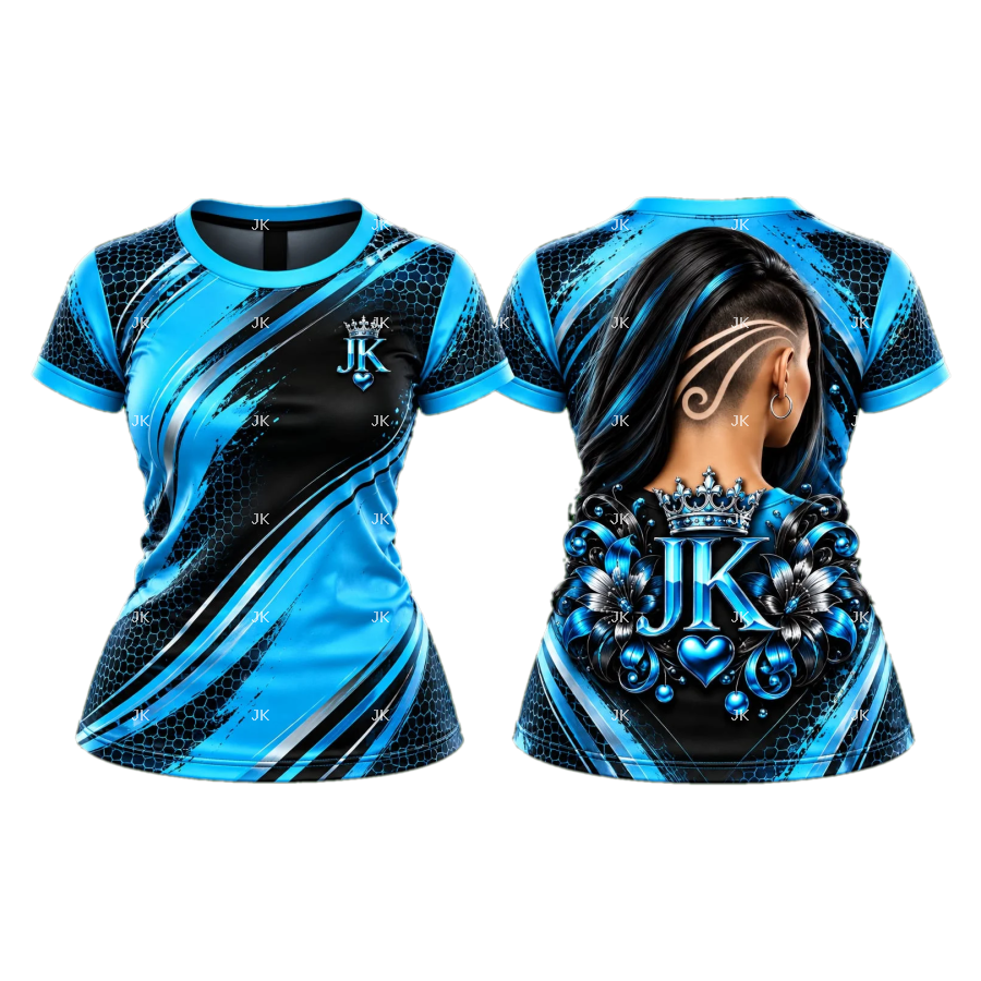 Diseño digital original JK Hair Art azul para camisa de mujer — Corte de cabello