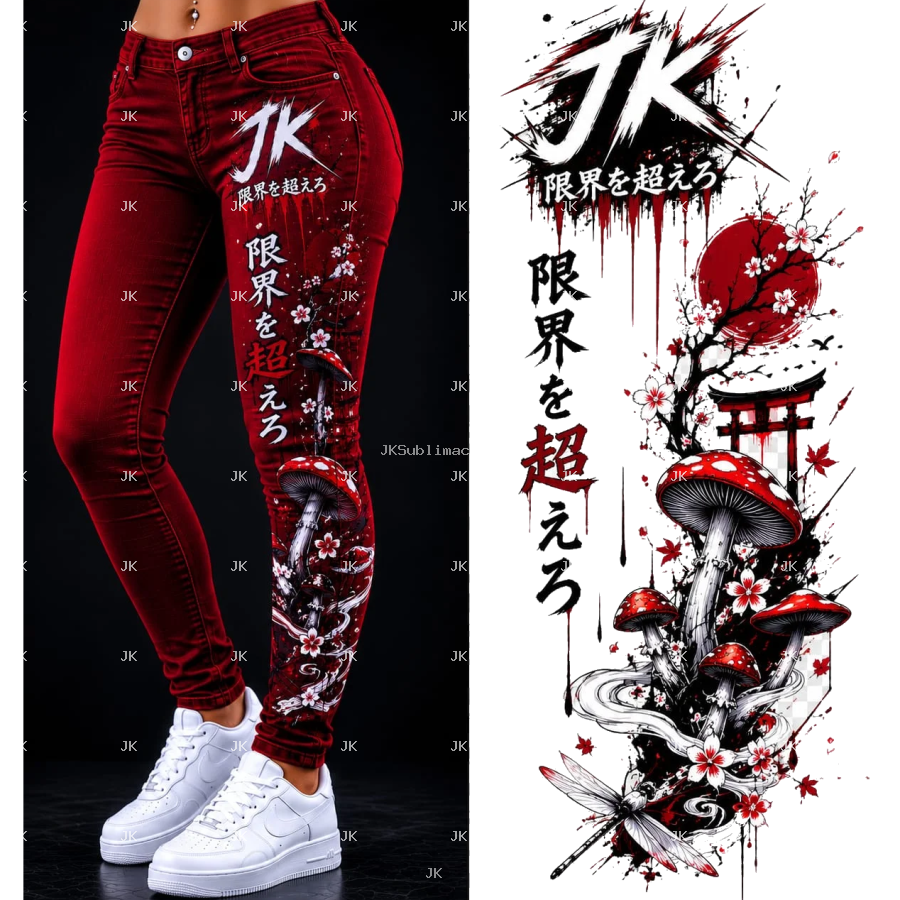 Diseño Digital JK Hongos Japoneses 3D con Flores para Pantalón de Mujer