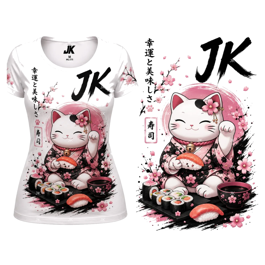Diseño Digital JK Gato Japonés de la Suerte con Sushi para Camisa de Mujer