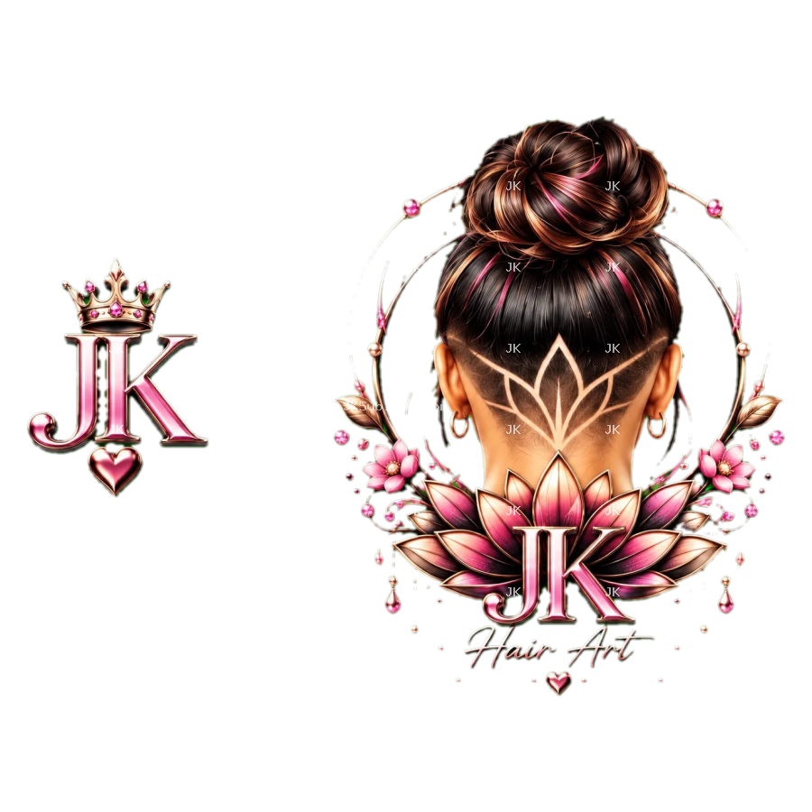 Diseño digital original JK Hair Art rosa y negro para camisa de mujer — Peinado con moño