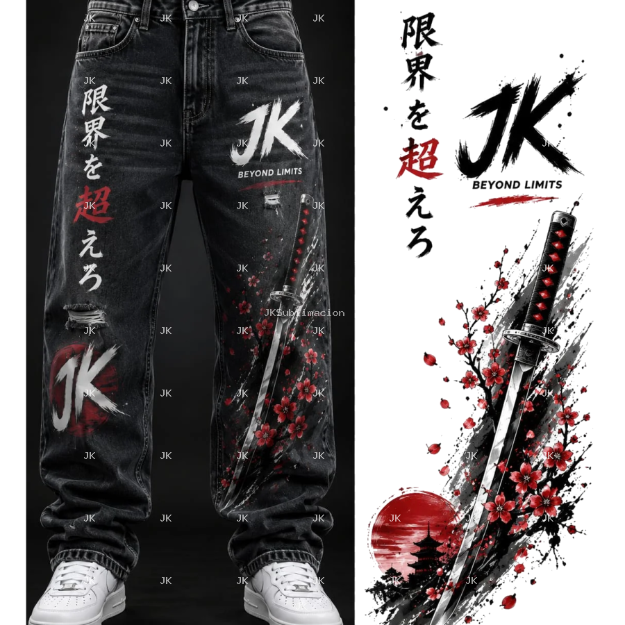 Diseño Digital JK Katana Japonesa y Flores – para Pantalón de Hombre