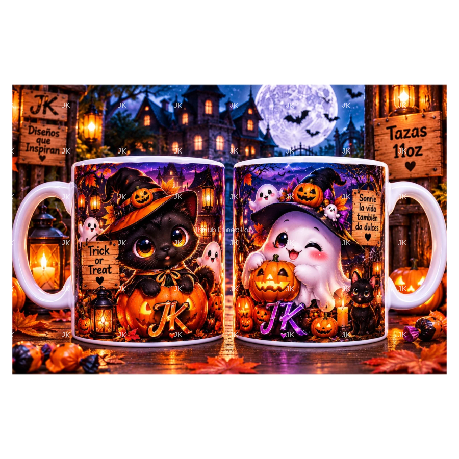 Pack de 2 Diseños Digitales JK Halloween para Taza 11 oz – Gato y Fantasma – 2460 × 1110 px – 300 DPI