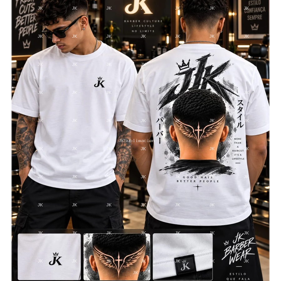 Diseño digital original JK para camisa de hombre — Corte degradado con alas y cruz estilo Barber