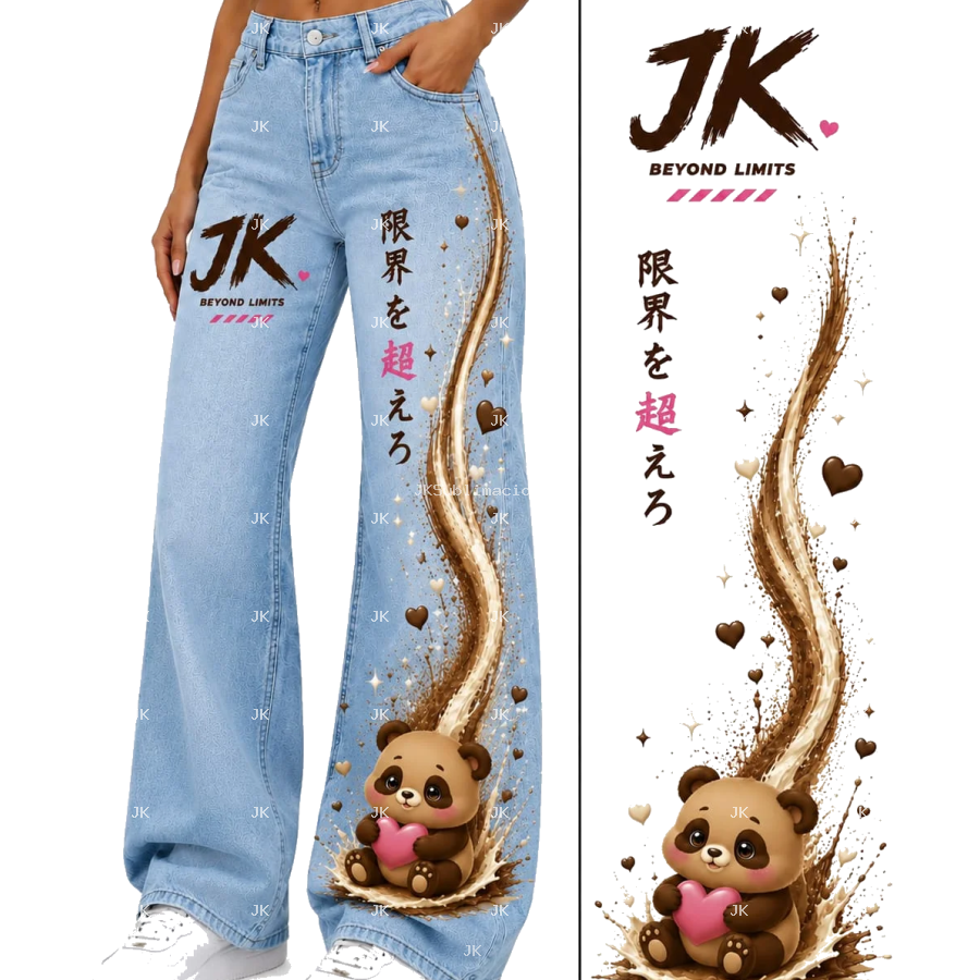 Diseño Digital JK de Panda Kawaii con Corazón, Destellos y Letras Japonesas para Pantalón de Mujer – Sublimación y DTF