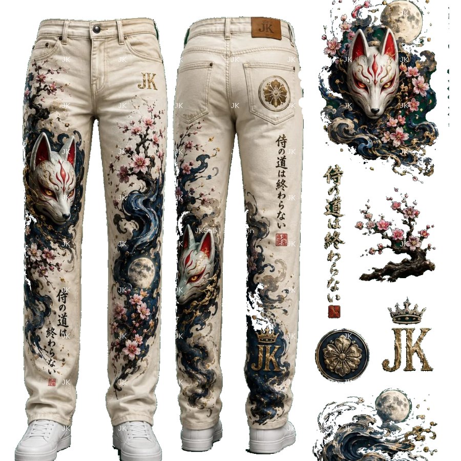 Diseño Digital Premium Zorro Japonés Kitsune JK para Pantalón de Hombre