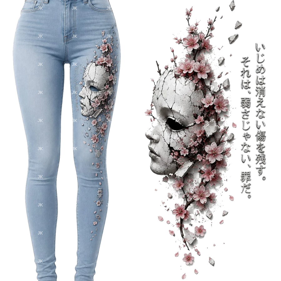 Diseño Digital Calavera con Flores Rosadas para Pantalón de Mujer
