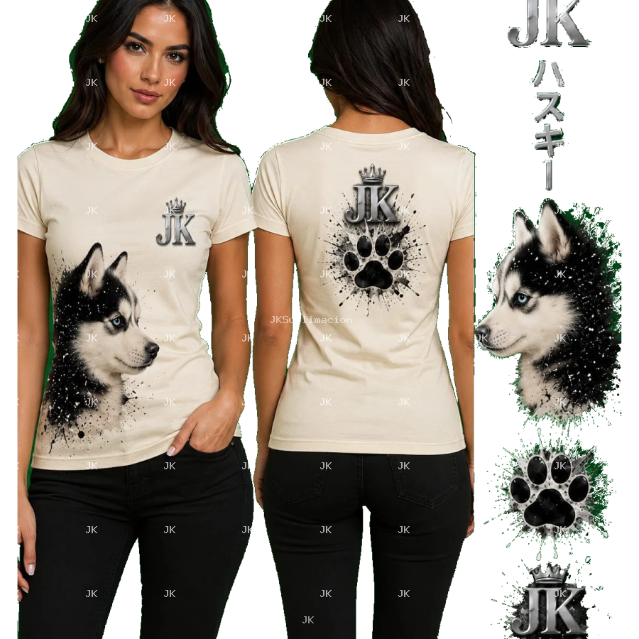 Diseño Digital Premium Husky 3D JK para Camisa de Mujer