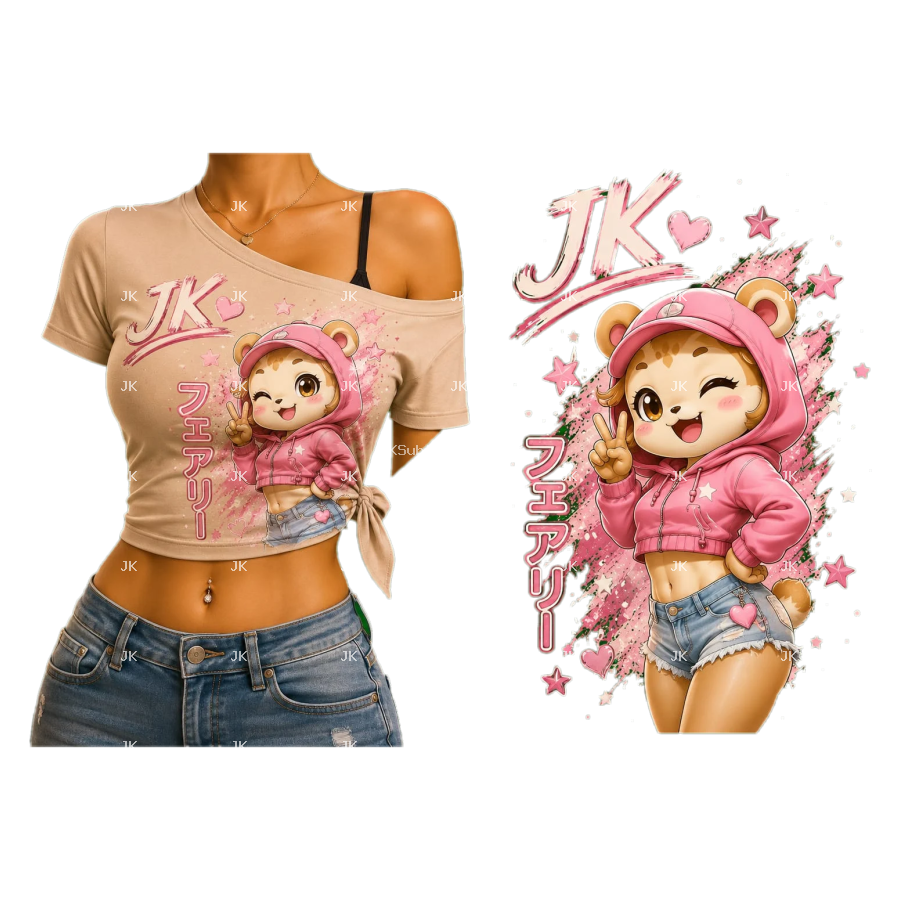 Diseño Digital JK Personaje Kawaii Rosa para Blusa de Mujer