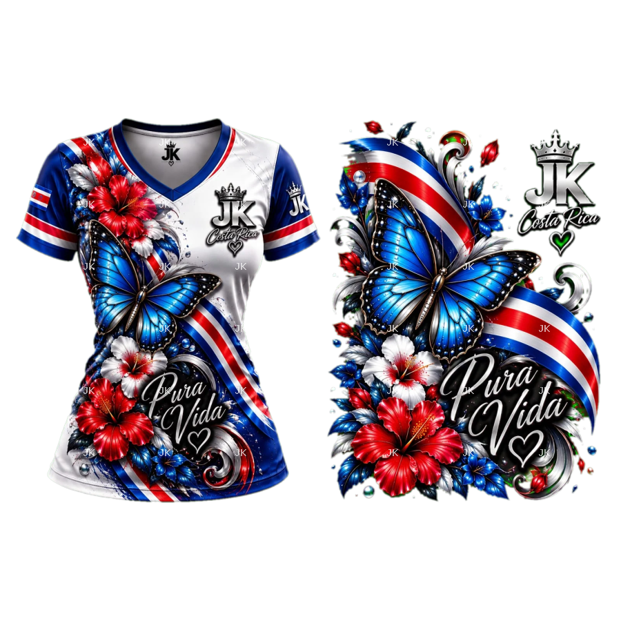 Diseño digital Pura Vida Costa Rica con mariposa azul, flores y colores patrios —