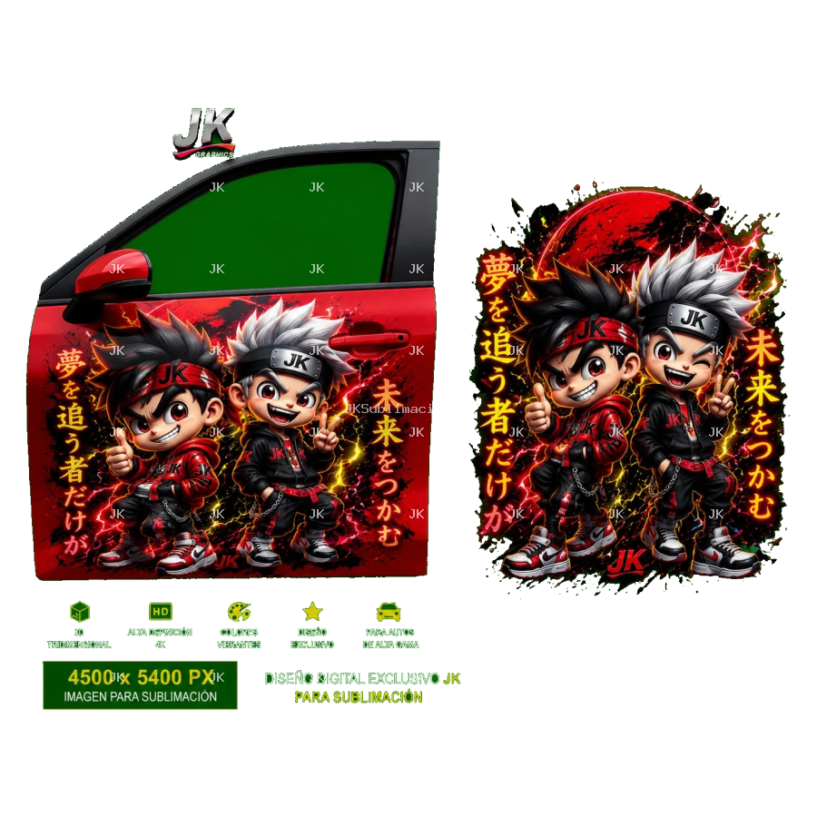 Diseño Digital JK Dúo de Guerreros Japoneses para Puerta de Carro