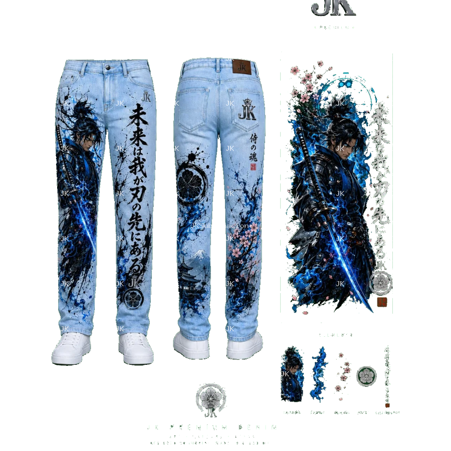 Diseño Digital Premium Guerrero Samurai Azul JK para Pantalón de Hombre