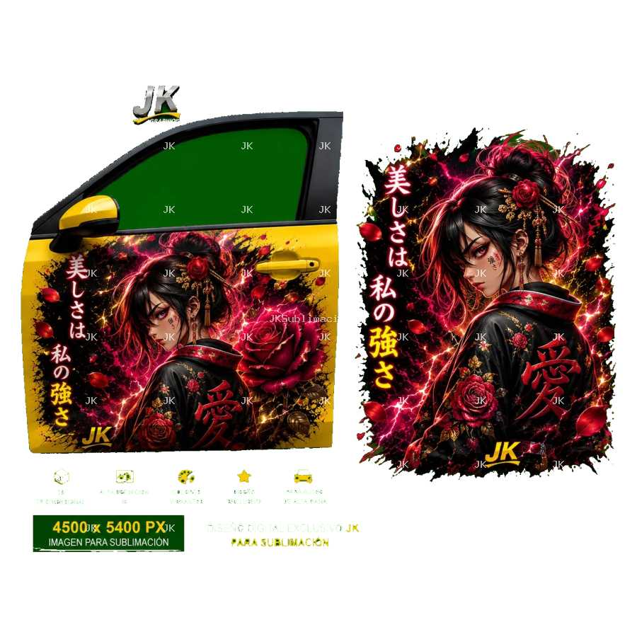 Diseño Digital JK Mujer Japonesa con Flores para Puertas de Carro