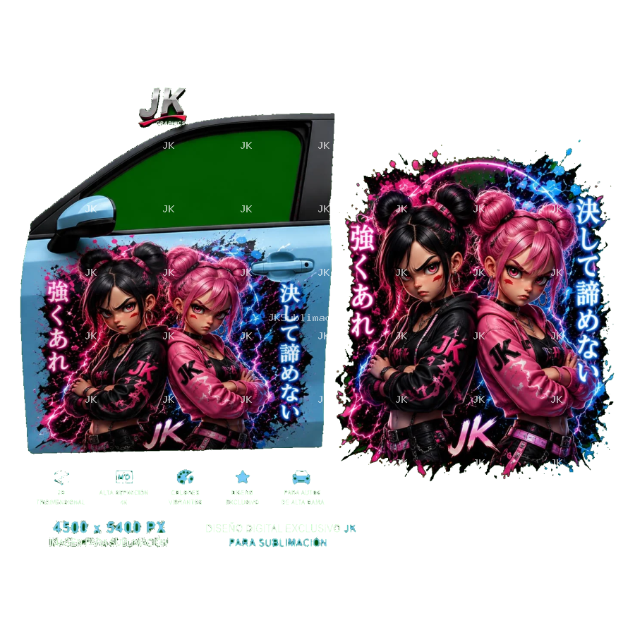 Diseño Digital JK Dúo de Chicas Rosa y Azul para Puerta de Carro