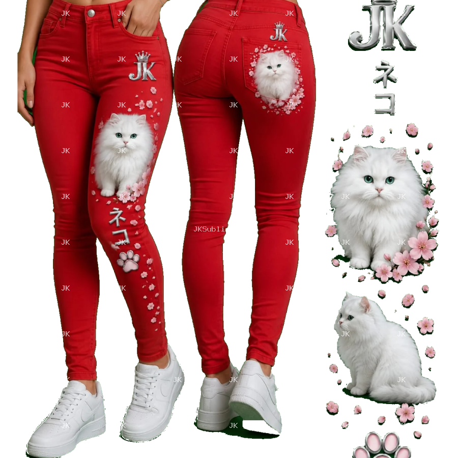 Diseño Digital JK de Gatos Blancos con Flores, Huella y Letras Japonesas para Pantalón de Mujer – Sublimación y DTF