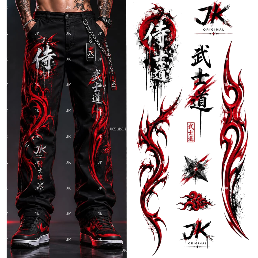 Diseño Digital Tribal Japonés Rojo y Negro JK para Pantalón de Hombre
