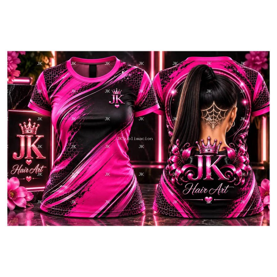 Diseño digital original para camisa de mujer — Hair Art estilo rosa y negro — Marca JK