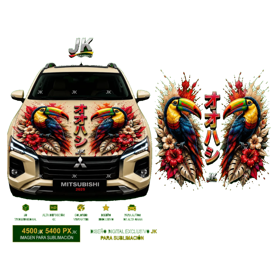 Diseño Digital JK para Tapa de Carro – Tucanes Tropicales con Flores