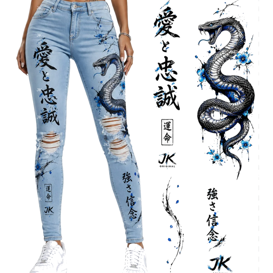 Diseño Digital Dragón con Flores Rojas y Celestes JK para Pantalón de Mujer