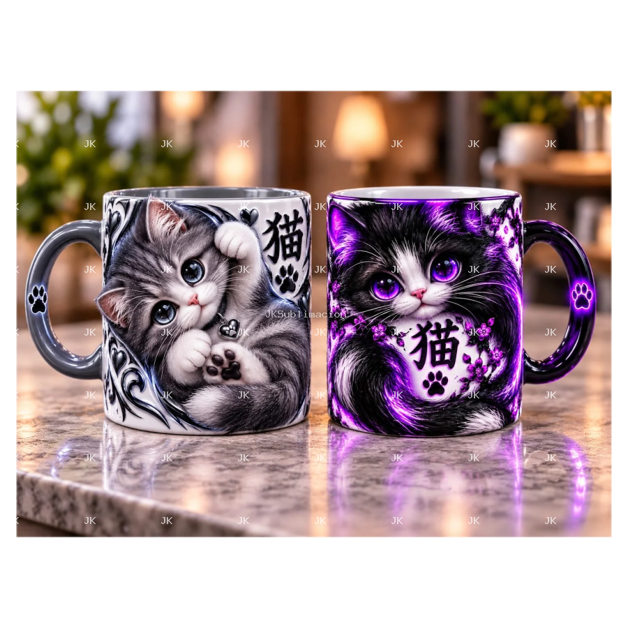 Dos imágenes digitales de gatos estilo japonés para tazas de 11 oz — JK