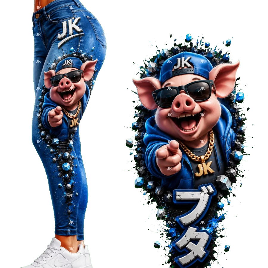 Diseño Digital JK Cerdito Urbano Azul para Pantalón de Mujer – Sublimación y DTF