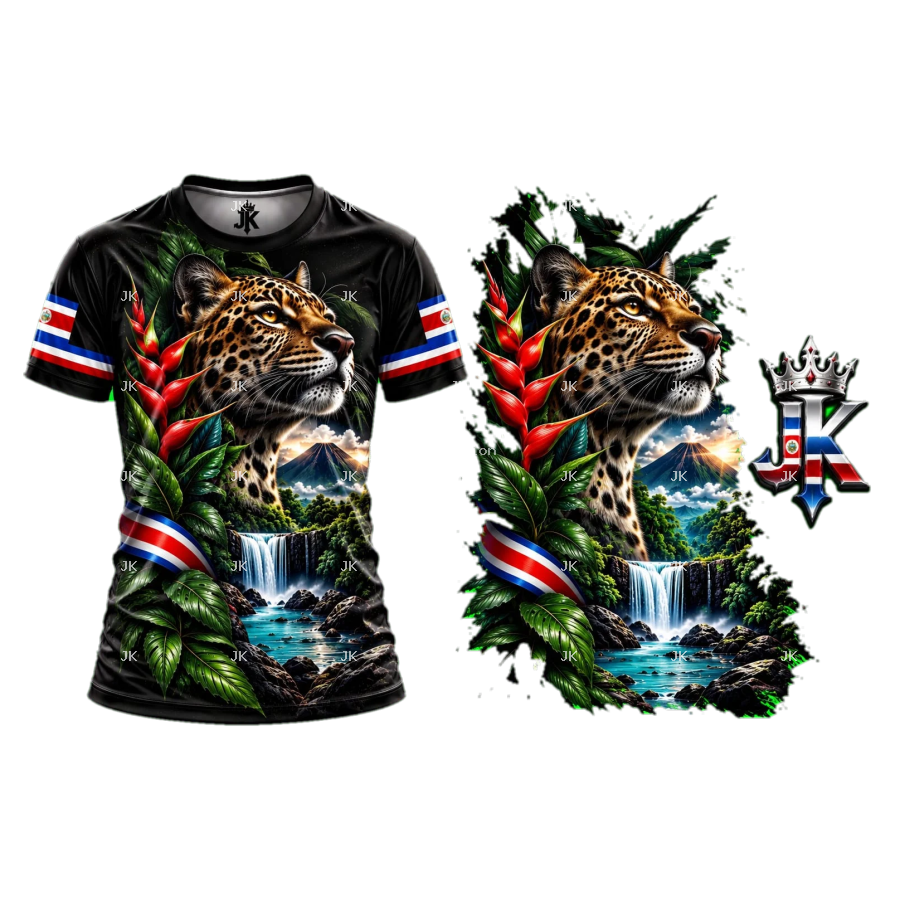 Diseño digital Costa Rica con jaguar, volcán, cascada y naturaleza tropical para camisa — JK