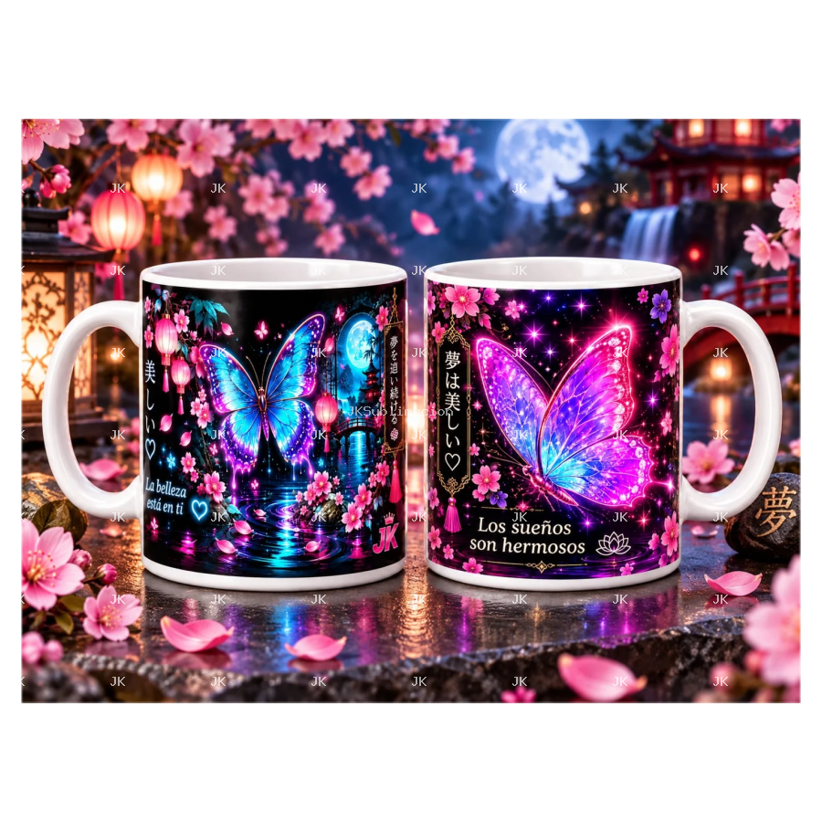 Dos imágenes digitales de mariposas estilo japonés para tazas de 11 oz — JK