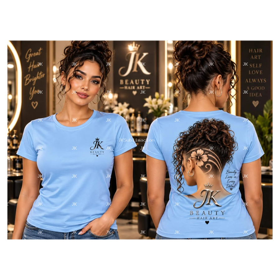 Diseño digital original JK Beauty para camisa de mujer — Peinado rizado con diseño lateral