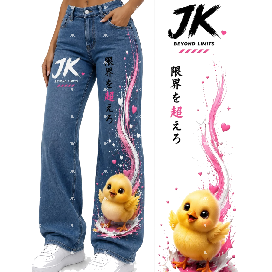 Diseño Digital JK Pollito Amarillo 3D con Corazones para Pantalón de Mujer