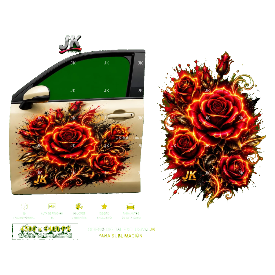 Diseño Digital JK Rosas de Fuego para Puerta de Carro