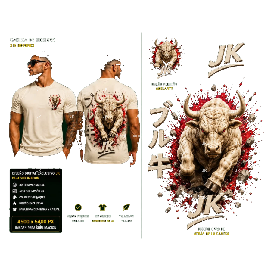 Diseño Digital JK Toro 3D Fuego para Camisa de Hombre