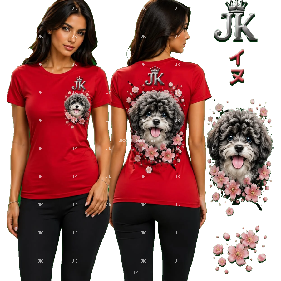 Diseño Digital Premium Perro con Flores 3D JK para Camisa de Mujer