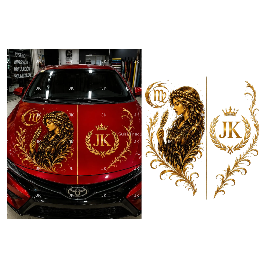 Diseño Digital Mujer Virgo JK para Tapa Delantera de Carro – Personalización