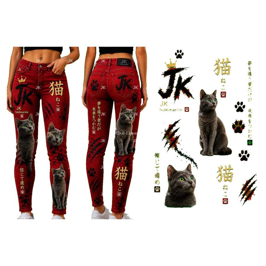 Diseño Digital JK de Gatos Grises con Letras Japonesas para Pantalón de Mujer – Sublimación y DTF
