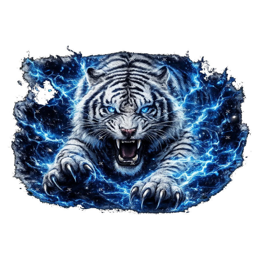 Diseño Digital para Puerta de Carro – Tigre Blanco con Rayos Azules