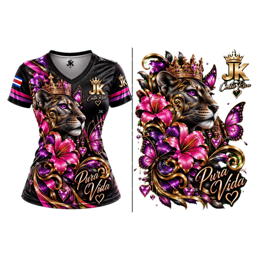 Diseño digital Pura Vida con felino coronado, flores, mariposas y detalles dorados — JK