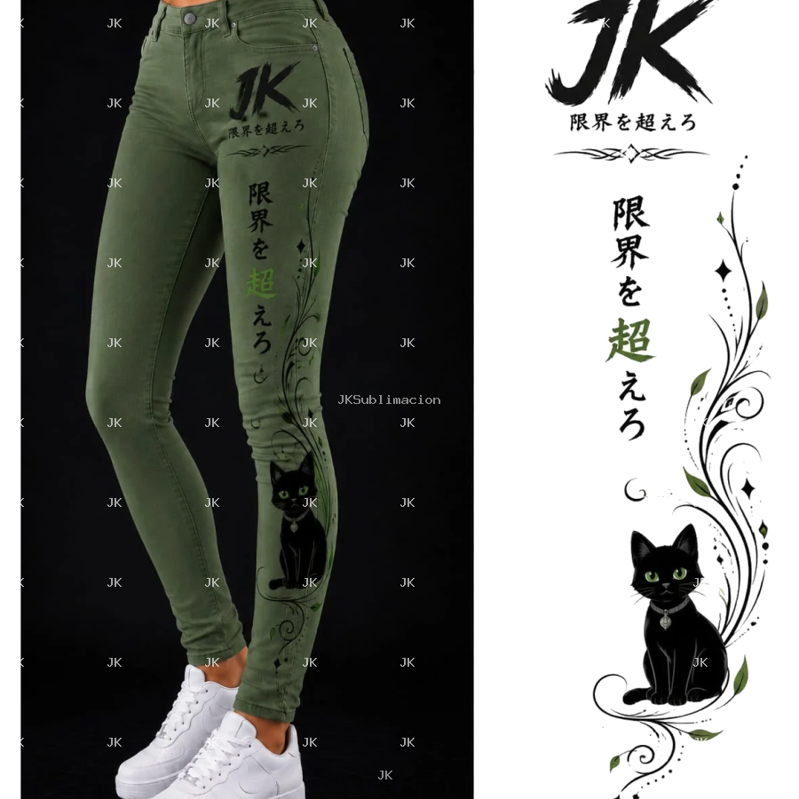 Diseño Digital JK Gato Negro con Adornos Verdes para Pantalón de Mujer