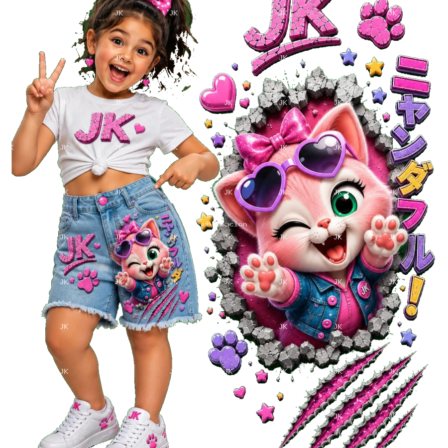 Diseño Digital JK Gatita Fashion 3D para Short de Niña