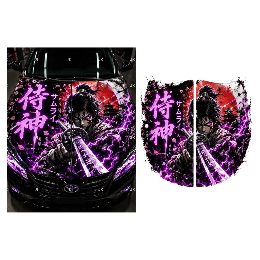 Diseño Digital para Tapa Delantera de Carro – Guerrero Samurái Japonés Rojo y Negro