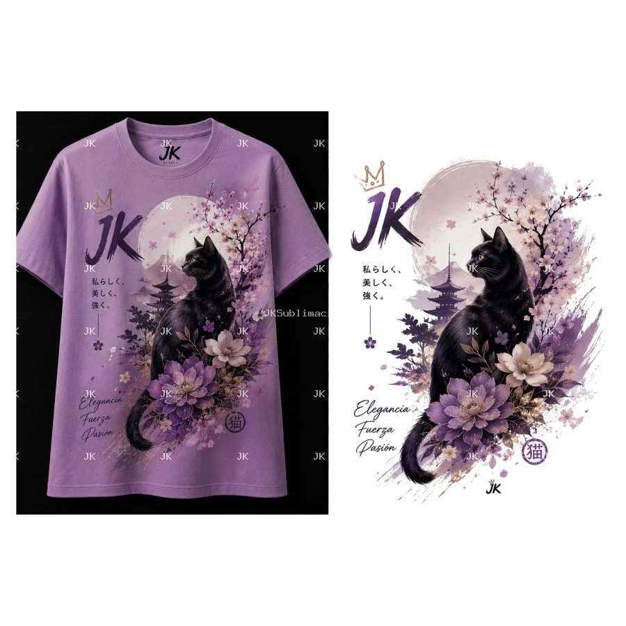 Diseño Digital JK Gato Negro Japonés con Flores para Camisa de Mujer