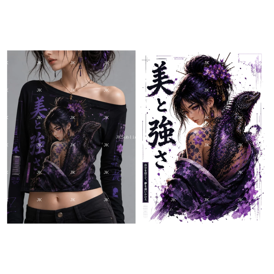 Diseño Digital JK Mujer Japonesa con Iguana y Flores para Camisa de Mujer