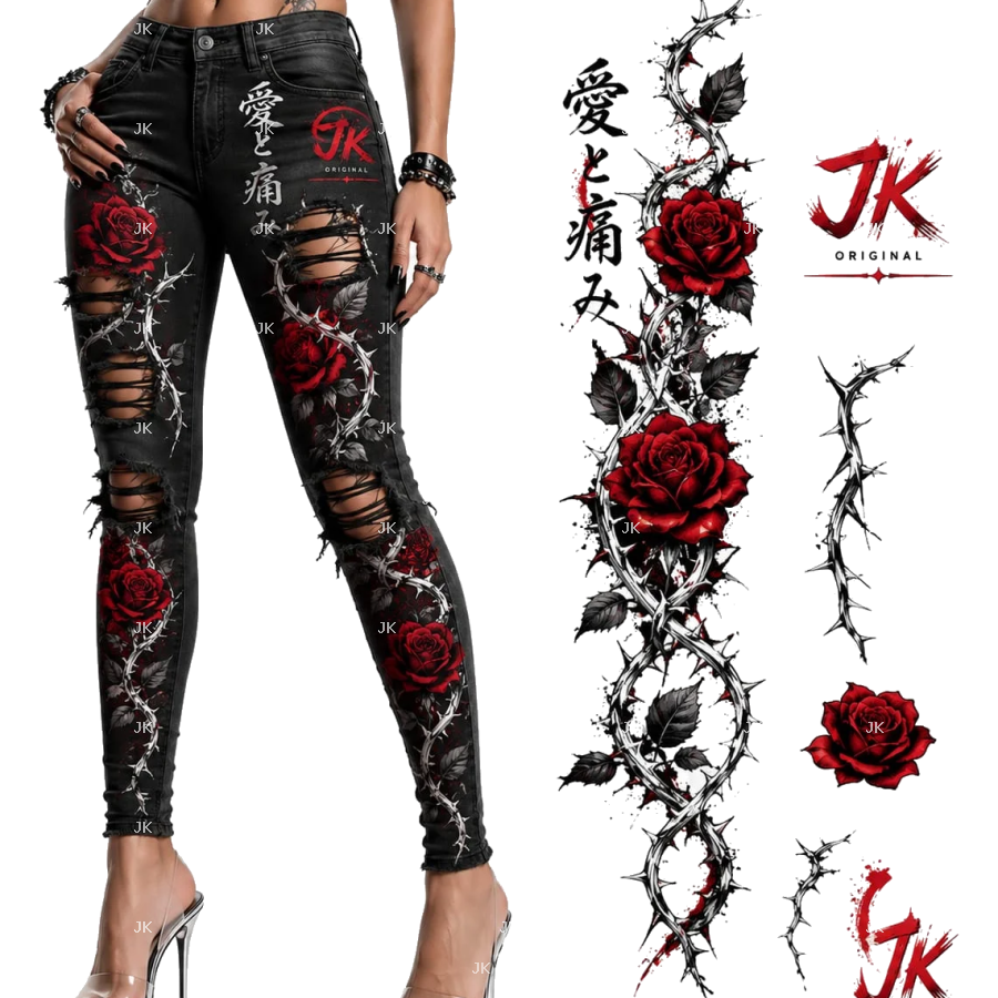 Diseño Digital Rosas Rojas y Espinas JK para Pantalón de Mujer