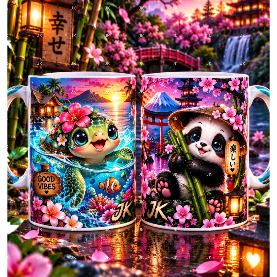 Diseño Digital JK Japonés para Taza 11 oz – Pack de 2 Diseños Panda y Tortuga – 2460 × 1110 px – 300 DPI