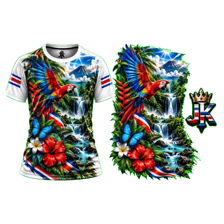 Diseño digital Costa Rica con guacamaya, volcán, cascada, mariposas y flores tropicales para camisa — JK